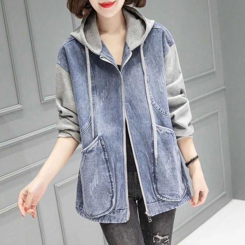 

Women's Casual Denim Jacket with Hood2025 Spring Fall Loose Short Jacket ZipUp Front Patchwork Design Plus Size & Petite