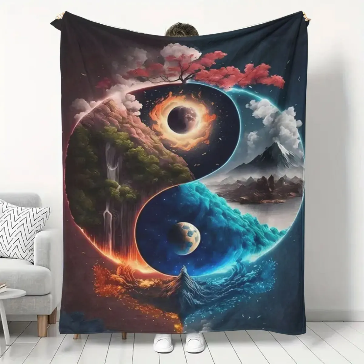Fantasy Nature Galaxy Yin‑Yang Art Pattern Flannel Blanket Cozy Plush Bedspread Portable Travel Blanket for Bedroom Couch