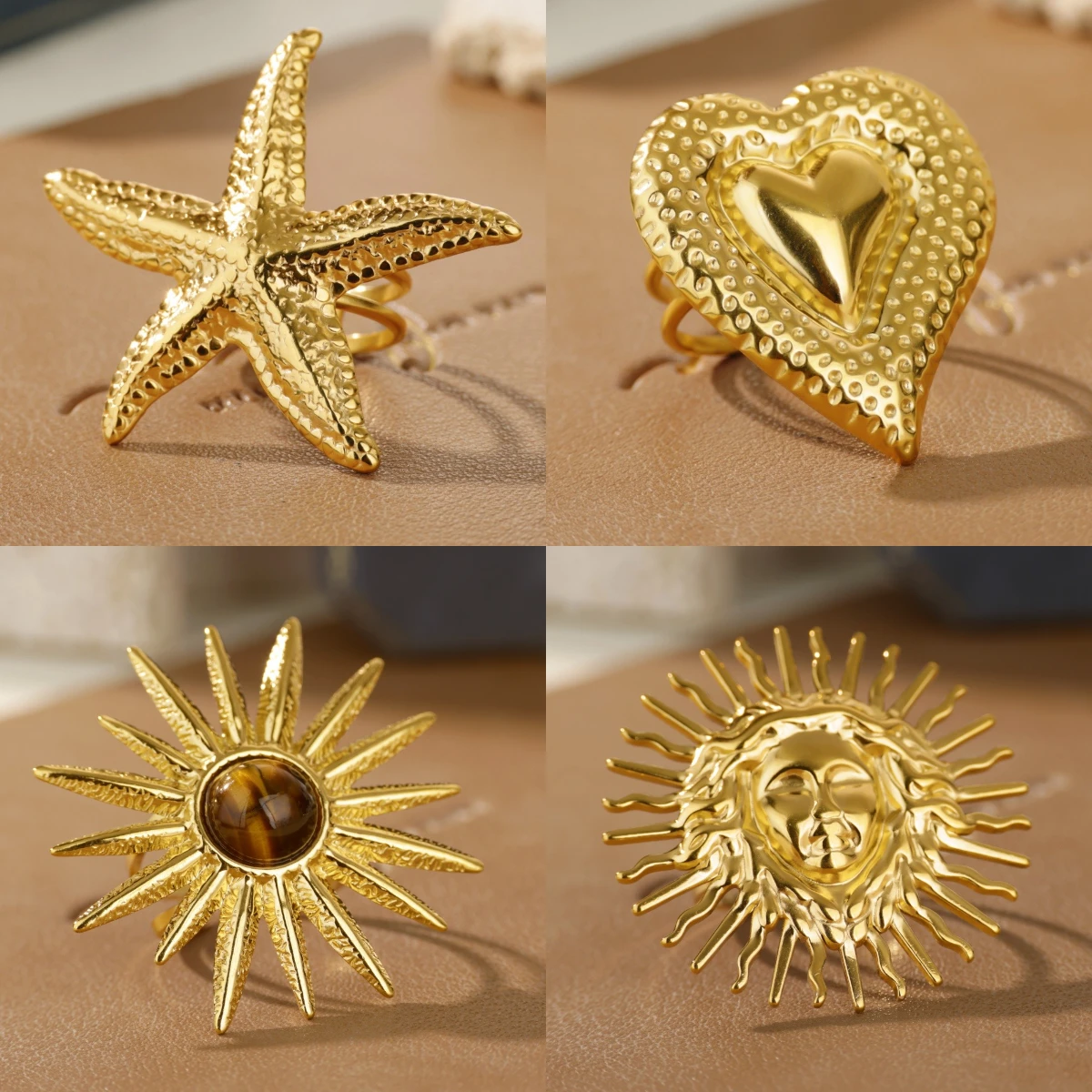 

Exaggerated Starfish SunFlower Stainless Steel Rings For Women Gold Color Adjustable Charm Finger Ring Punk Summer Beach Jewelry