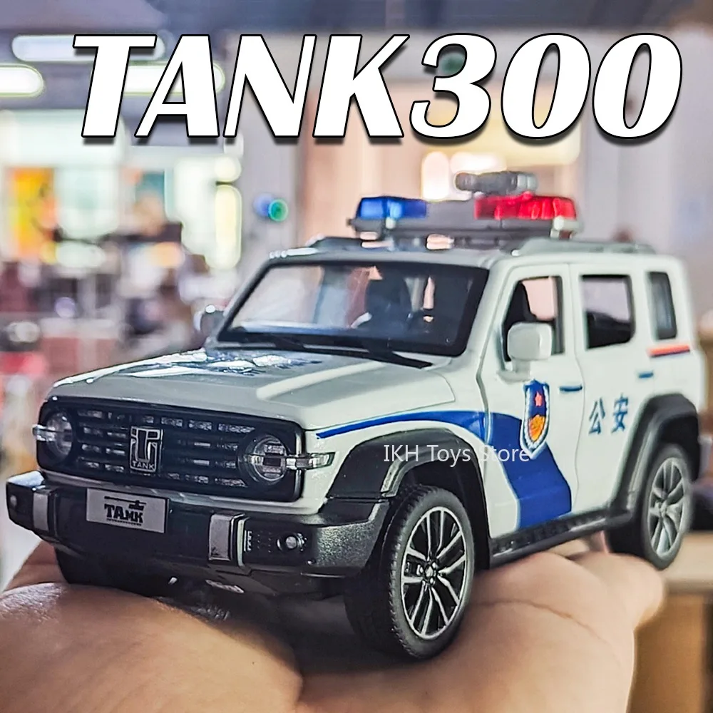 

1:32 Scale Tank 300 M8 Police Car Toy Models Alloy Diecast Sound Light Doors Opened Pull Back Simulation Vehicles for Kids Gifts