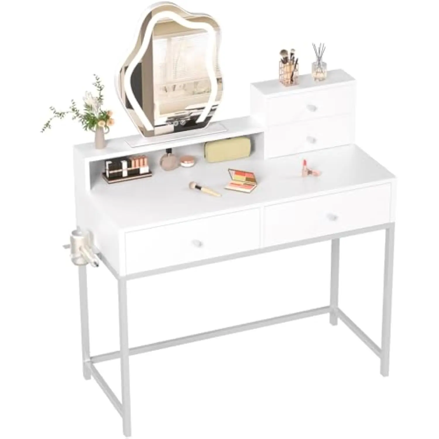 

Белый туалетный столик со светодиодной подсветкой (зеркало со светодиодной подсветкой, туалетный столик для макияжа с 2 ящиками и полками для хранения, небольшой туалетный столик для