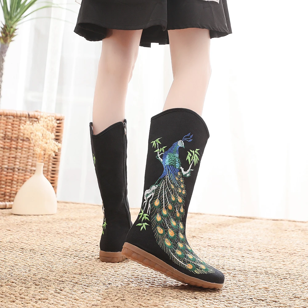 Veowalk Autumn Old Beijing Peacock Sequins Cotton Embroidered Woman Casual Mid Boots Ladies Platform Canvas Shoes Botas Mujer