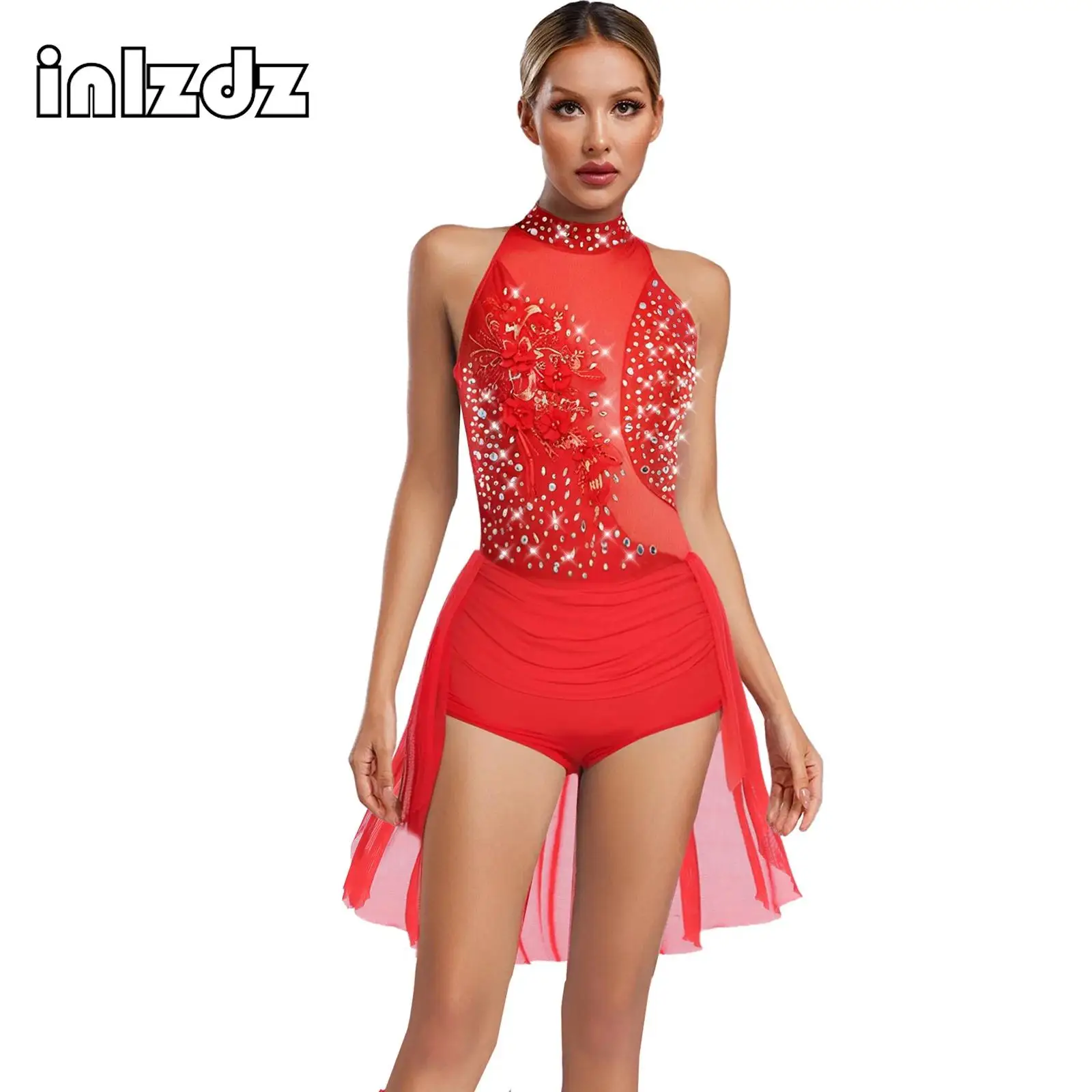 

Womens Glittery Rhinestone Latin Cha-Cha Dance Bodysuit Applique Sleeveless Back Hollow Out Irregular Skirted One Piece Leotard