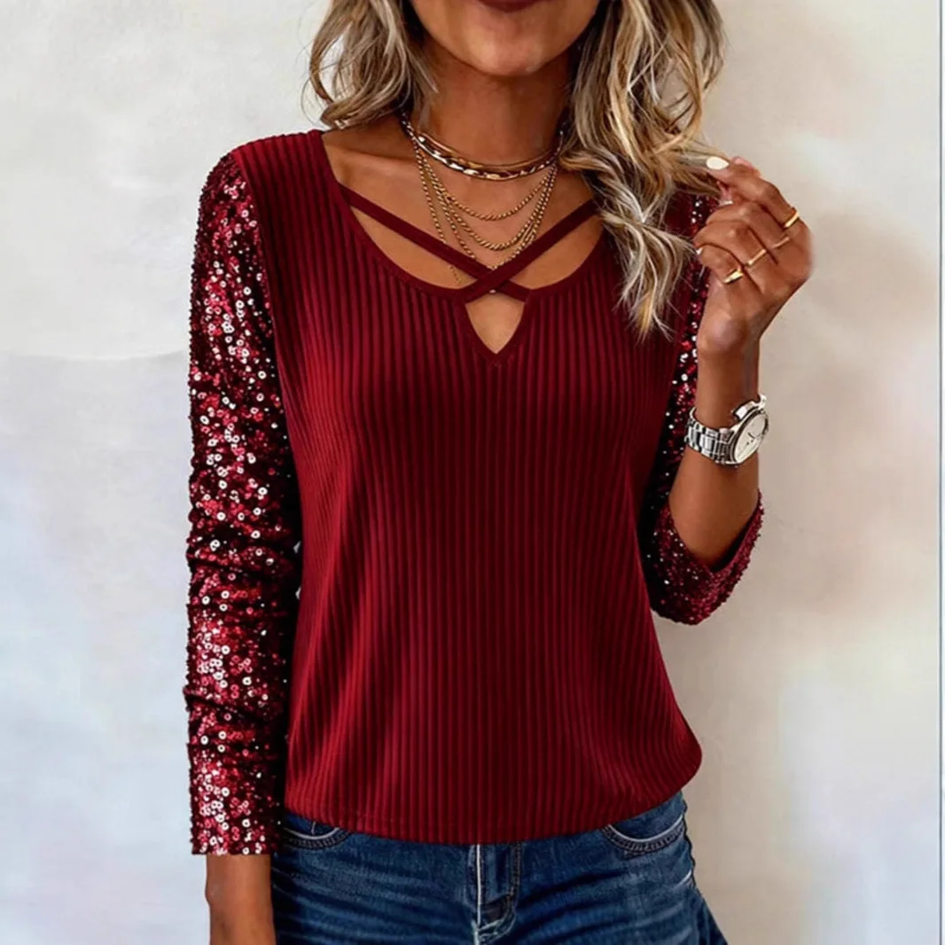 2025 nouvelle mode paillettes épissage à manches longues col en v femmes haut T-Shirt