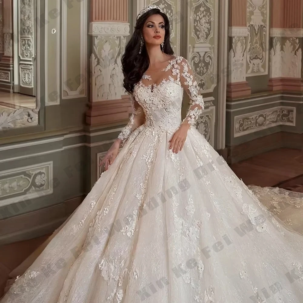Luxury Women's Wedding Dresses A-line Round Neck Lace Decal Princess Bridal Gowns Gorgeous Formal Ball Party Customized vestidos