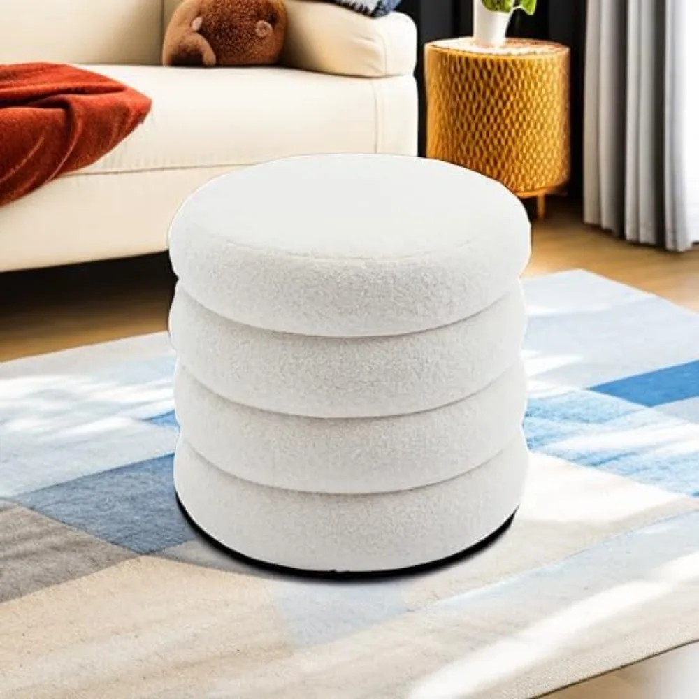 Storage Ottoman Round, Ottoman with Storage, Sherpa Ottoman Storage, 18 Inches H, 20 Inches D, Set of 1, Off-White,Footstool