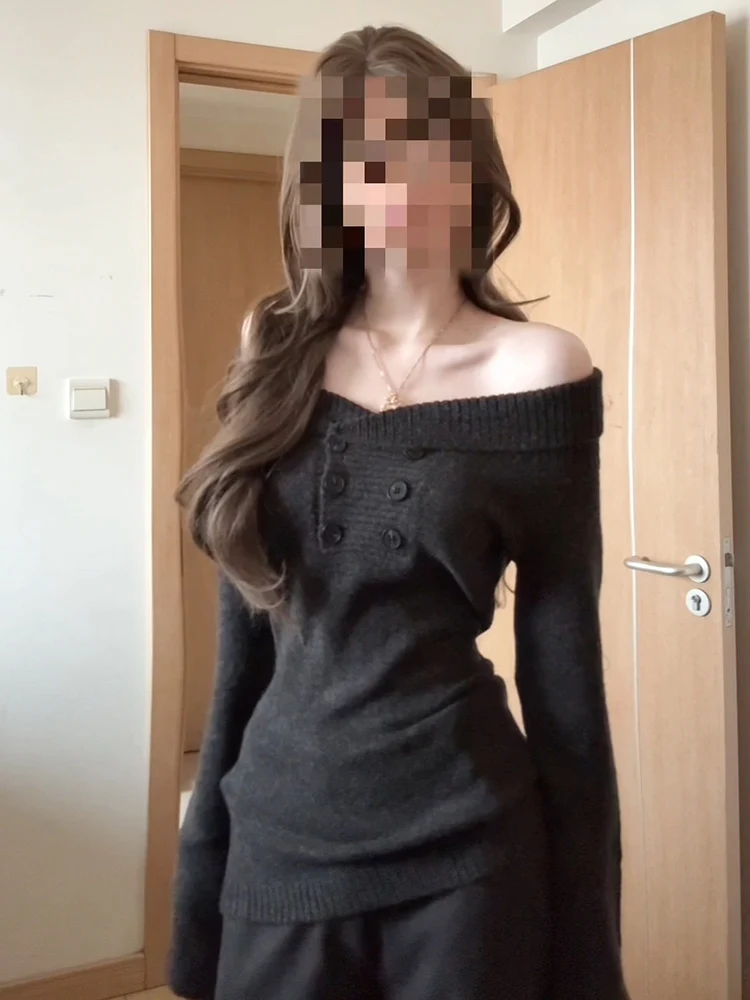 Retro Spicy oulder Bared Long Sve Knitted Sweater Slimming ey Women's Faion Autumn Top Casual Comfortable Inner Wear