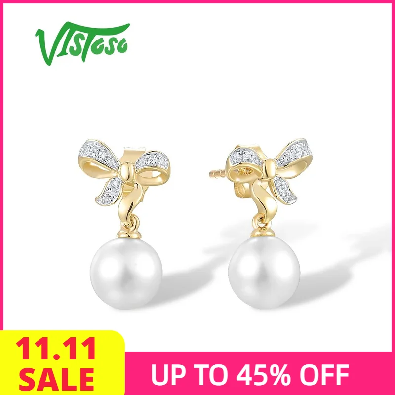 

VISTOSO 9K 375 Yellow Gold Earrings For Women Fresh Water White Pearl Diamond Earrings Ribbon Elegant Trendy Gift Fine Jewelry