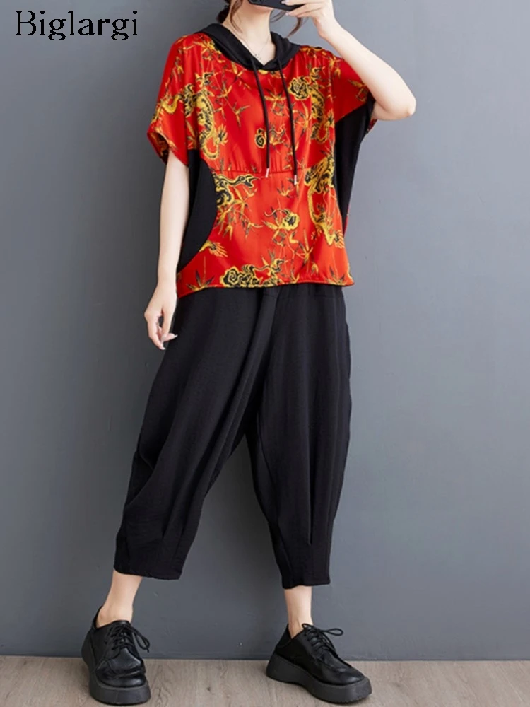 

Oversized Summer New 2 Two Piece Set Women Print Patchwork Fashion Ladies Hooded Blouses Casual Loose Pleated Woman Harem Pants