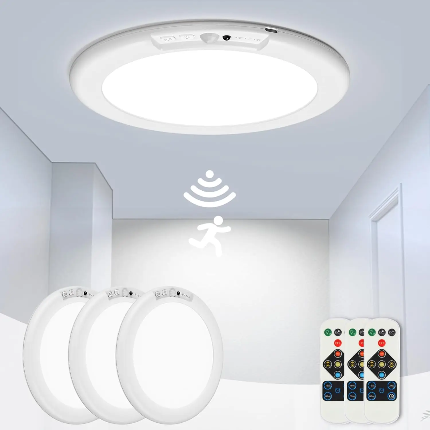 

3 Pack Rechargeable Motion Sensor Ceiling Light, Wireless Battery Operated with Remote, 500LM Adjustable Color & Brightness