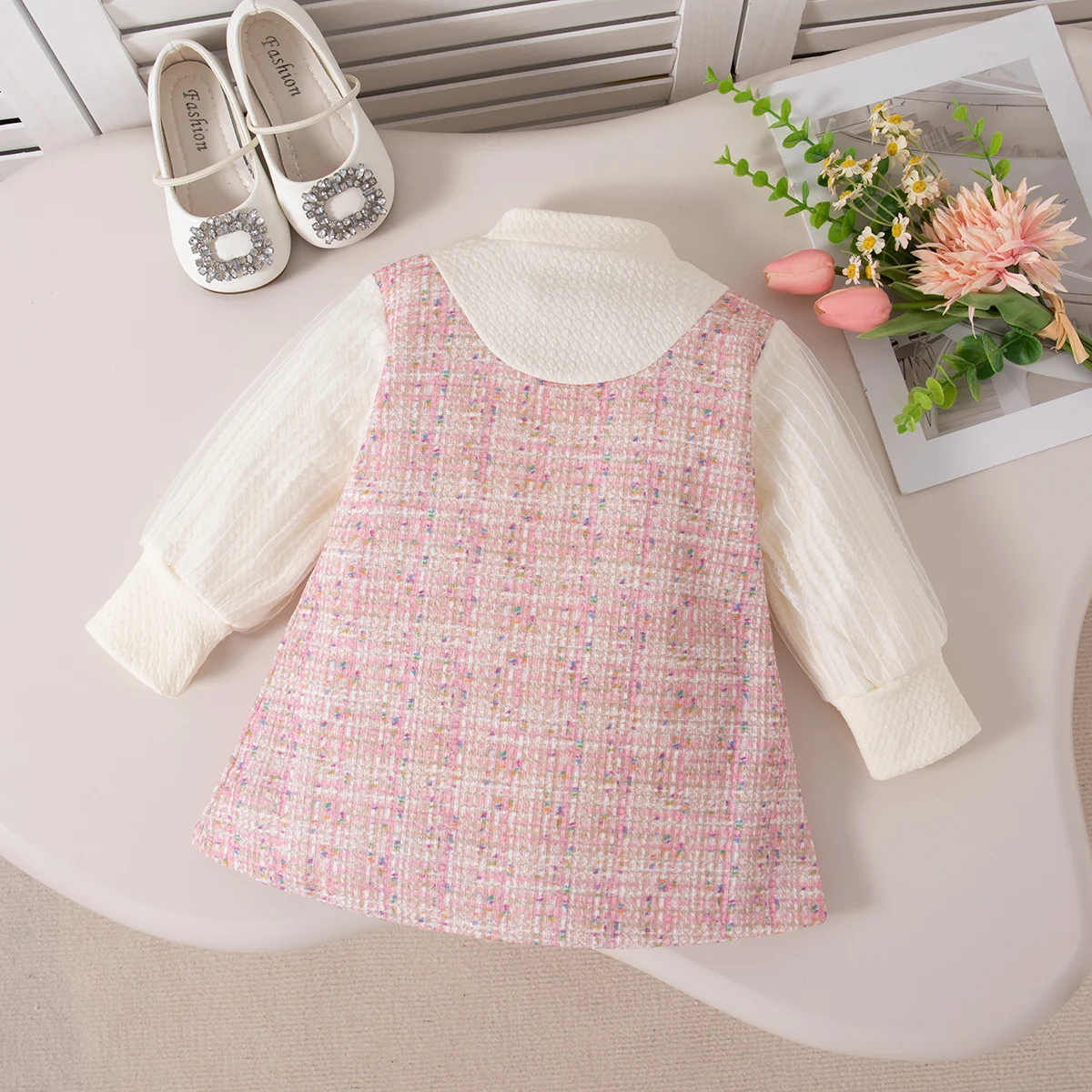 Spring And Autumn New Beige Bow Baby Girl Dress, Pink Checkered Pocket Children'S Long Sleeve Clothes (0-3 Years Old)