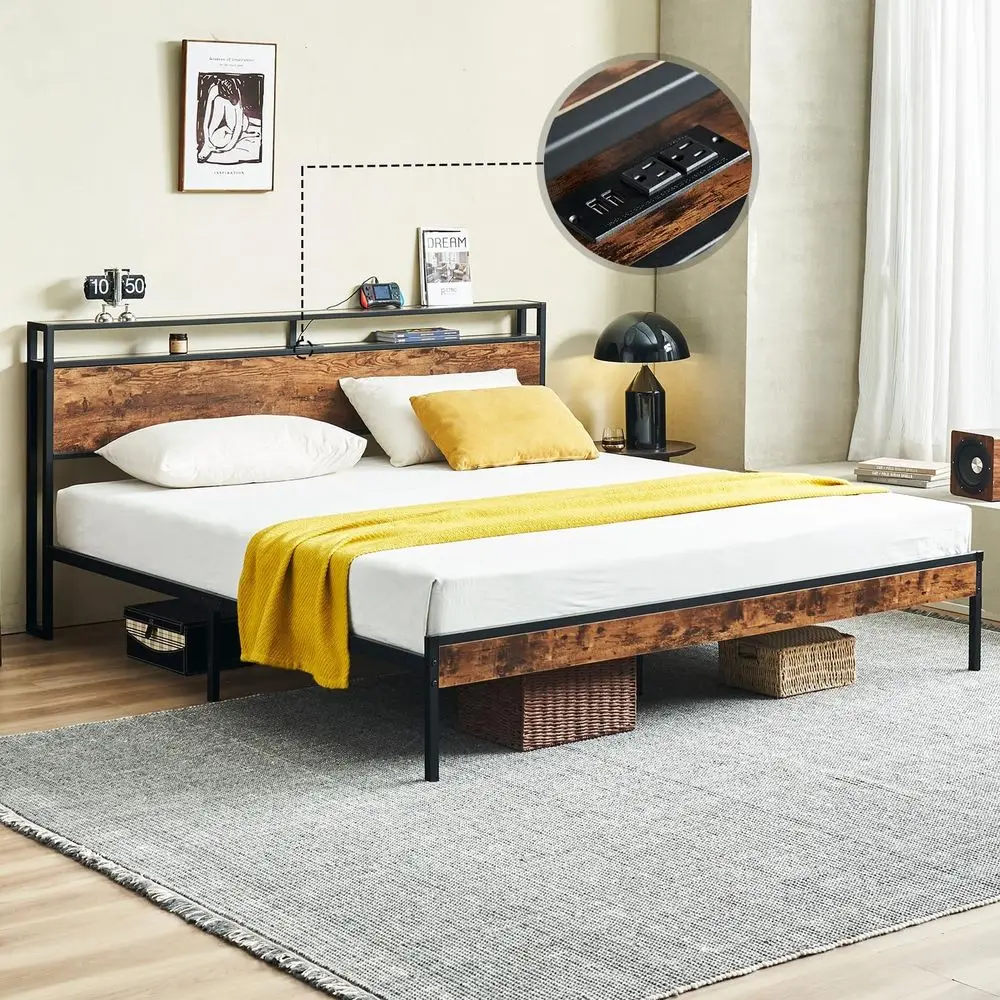 

Eiizek King Size Bed e with Charging Station, King Platorm Bed e with Storage board, Easy Assembly, No Box Spring Needed (Brown)