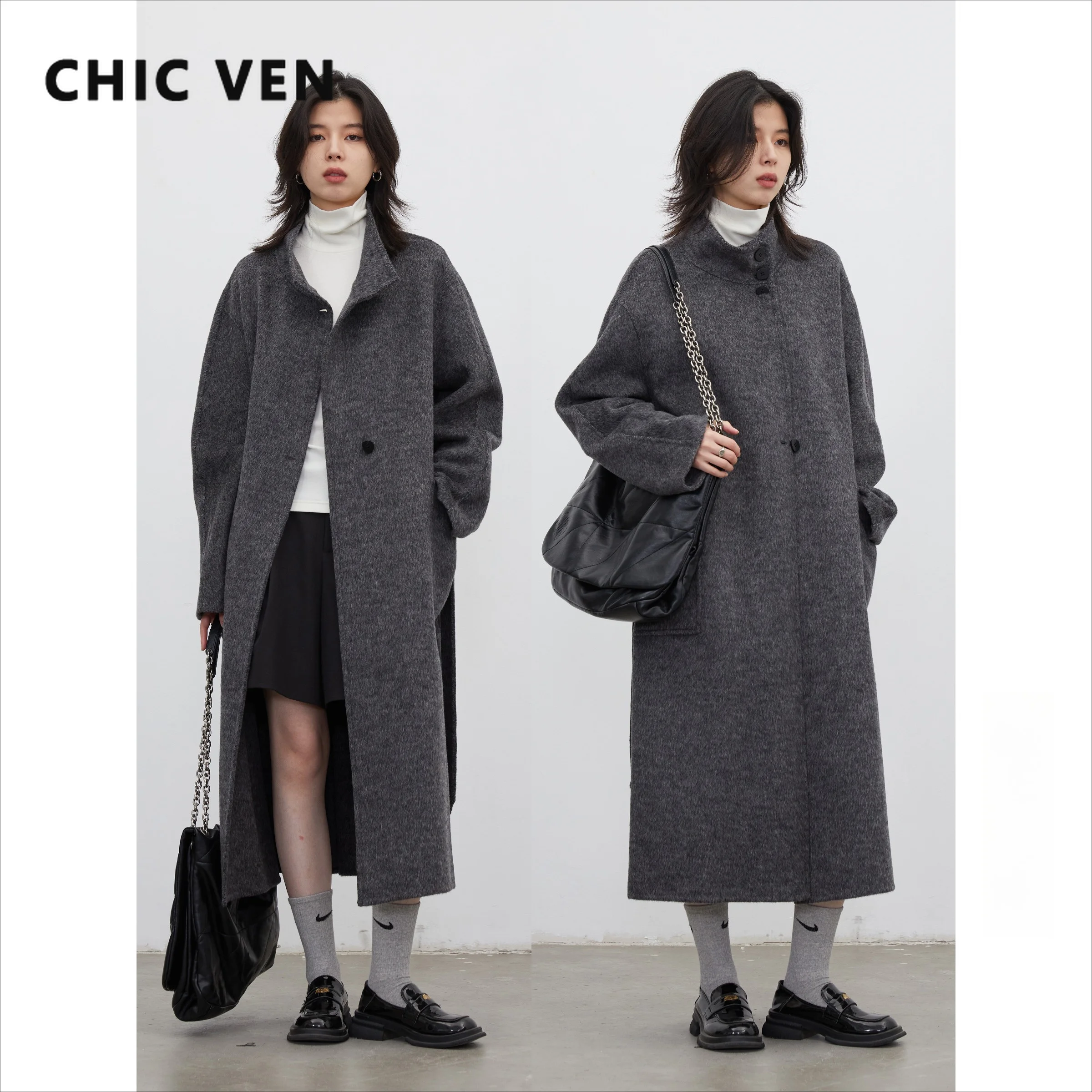 CHIC VEN New Women Long Woolen Coat Solid Double-sided Loose Ladies Overcoat Belt Oversize Female Outerwear Autumn Winter 2026