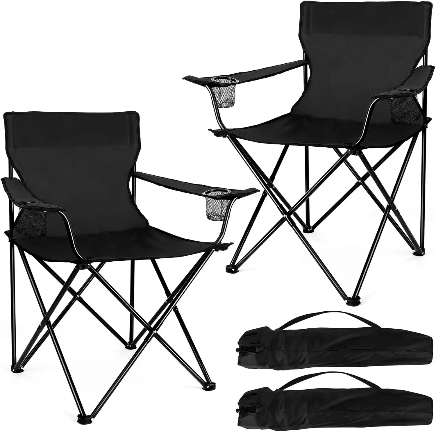 

Portable Folding Camping Chair for Adults, Heavy Duty Outdoor Lawn Chairs with 2 Cup Holders & Carry Bag