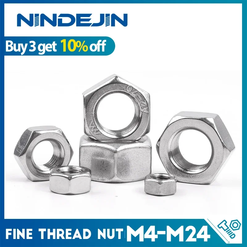 NINDEJIN 1-55pcs Metric Fine Thread Hex Nut M4 M5 M6 M8 M10 M12 M14 M16 M18 M20 M22 M24 Stainless Steel Fine Hex Nut GB6171