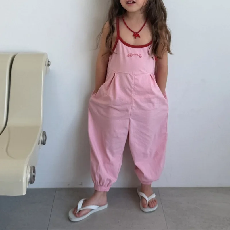 2026 Summer New Children Loose Sling Trousers Cotton Girls Letter Print Jumpsuit Toddler Fashion Casual Overalls Kids Clothes