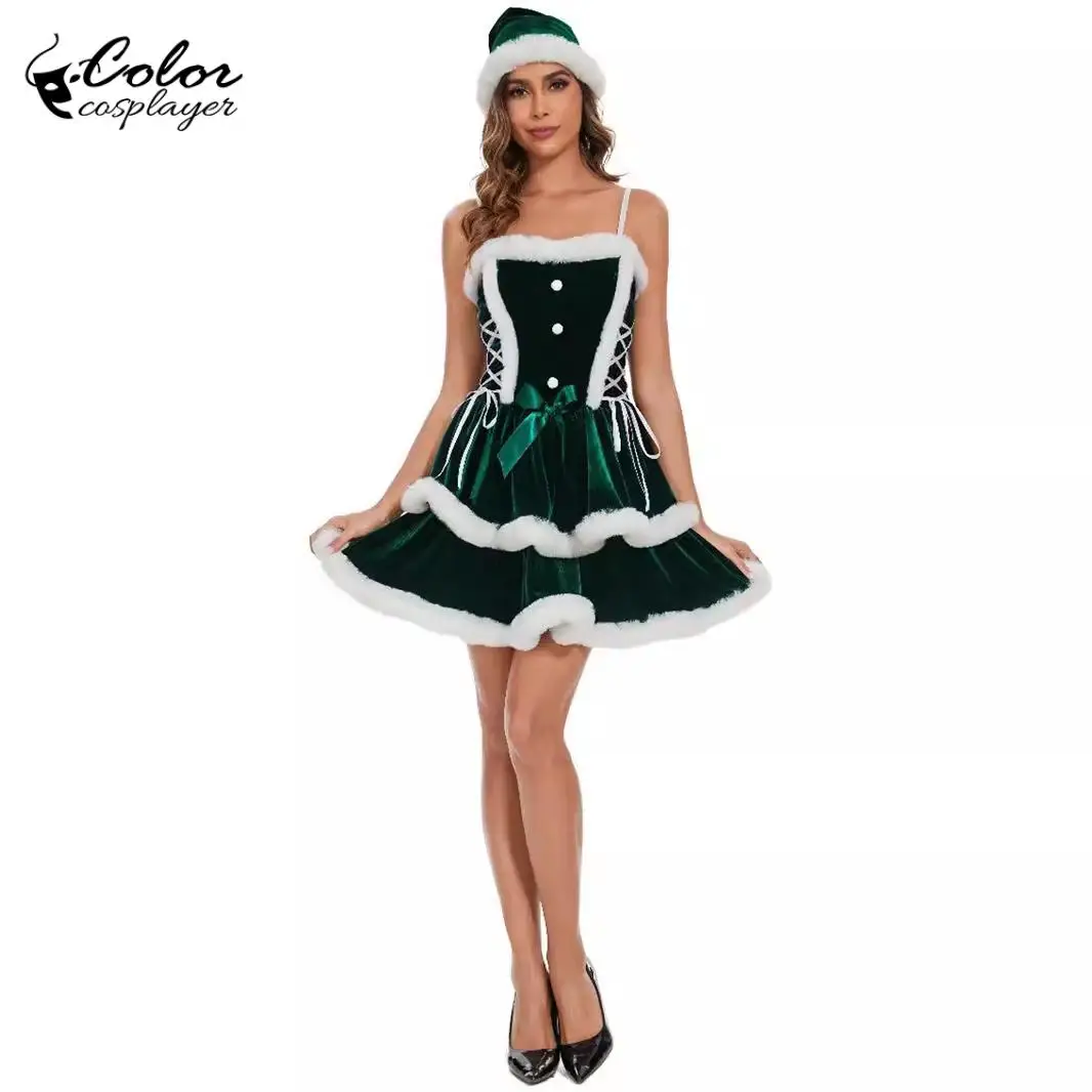 Kolorowa sukienka świąteczna Cosplayer Santa Claus Cosplay Kostium Sexy Party Dress Czerwony szal Zielona krótka spódniczka Xmas Robe