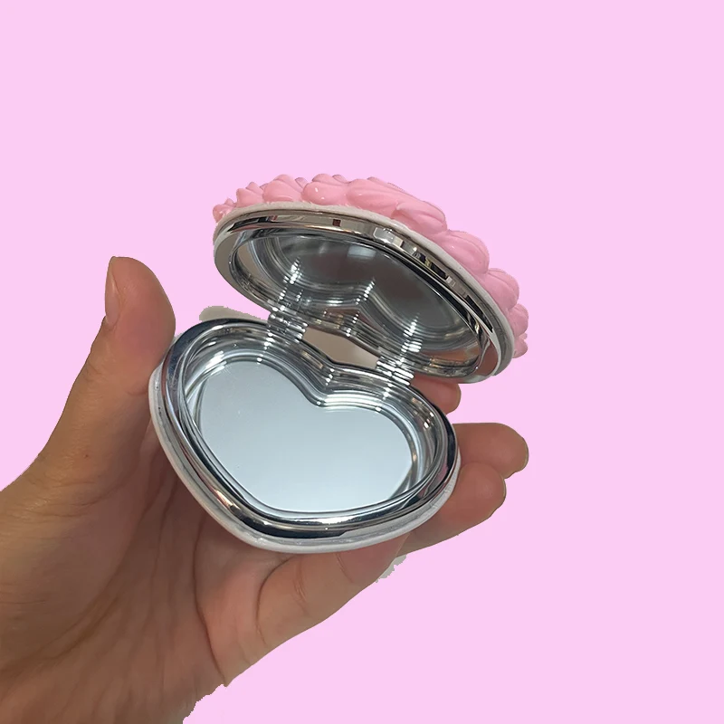 1pc Portable Heart Cake Women Stainless Steel Makeup Mirror Hand Pocket Folded-Side Cosmetic Make Up Double-Sided Makeup Mirror