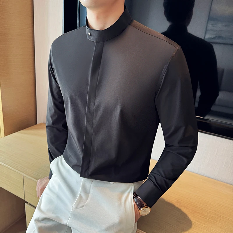 Black/White Stand Collar Mens Dress Shirts Chinese Style Long Sleeve Drape Social Shirt For Men Clothing 2024 Slim Fit Tuxedo