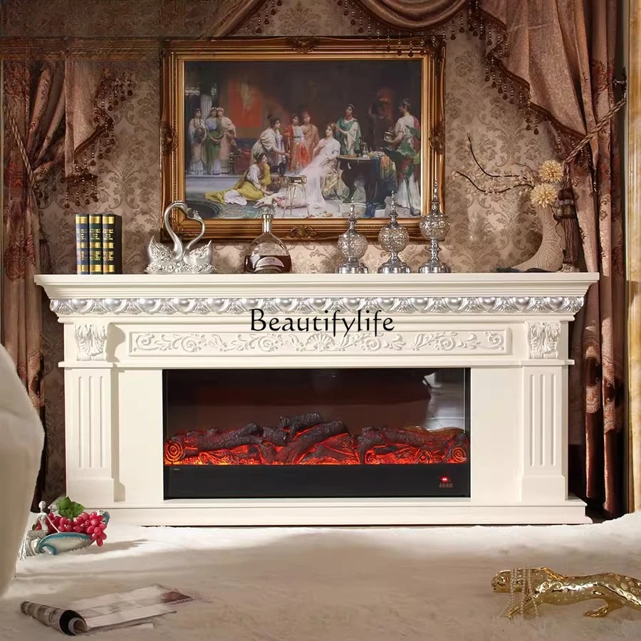 

European antique white fireplace American decorative cabinet electronic simulation flame