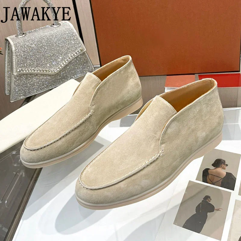 Comfortable Men & Women\'s Loafers Suede Leather White Rubber Sole Casual High Top Flat Walking Shoes Popular Brand Couple Shoes