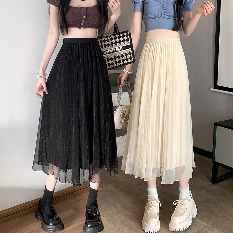 Two-sided skirt for women in 2023 spring new A-line pleated skirt with high waist and slim mid-length romantic gauze skirt