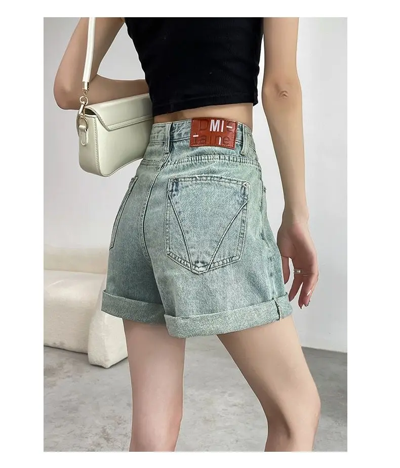 女性のための古いレトロなデニムショートパンツ薄いホットガールズワイドレッグハイウエストストレートAライン