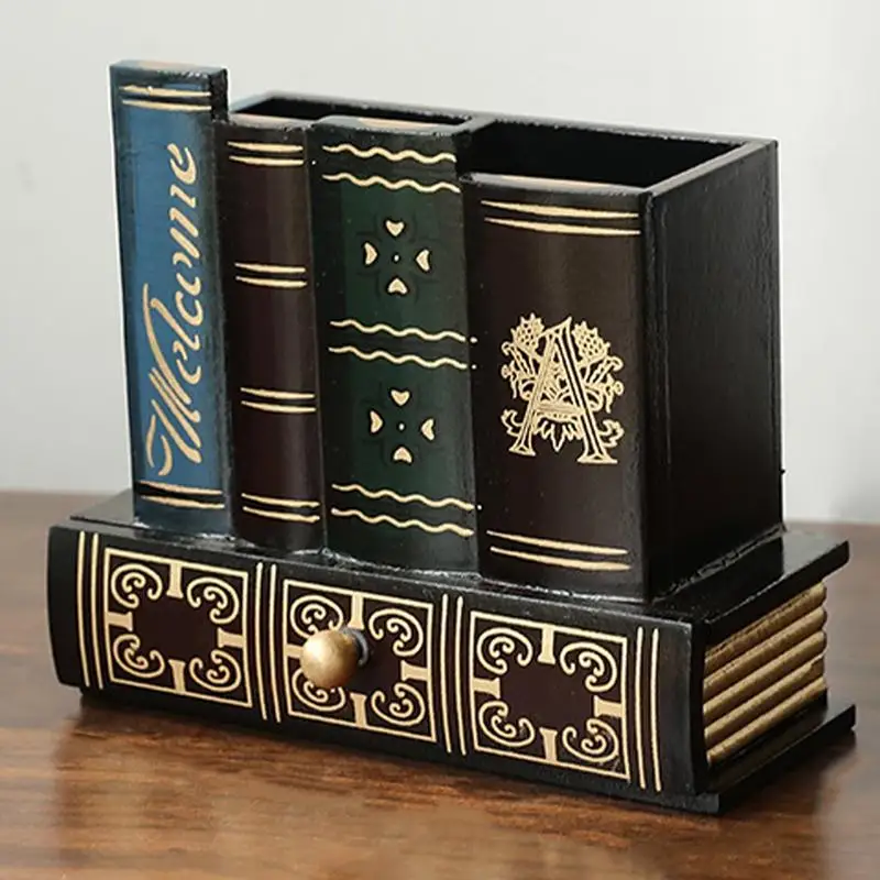 Book Pen Holder Pen Storage Cup Wood Library Book Shaped Pencil Holders Stand Decorative Organizer Caddy For Desk