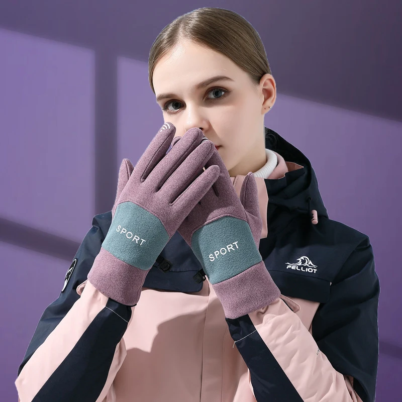 Womens Warm Gloves Fashionable Outdoor Cycling Plush And Thick Velvet Non Slip And Cold Resistant Touch Screen Gloves