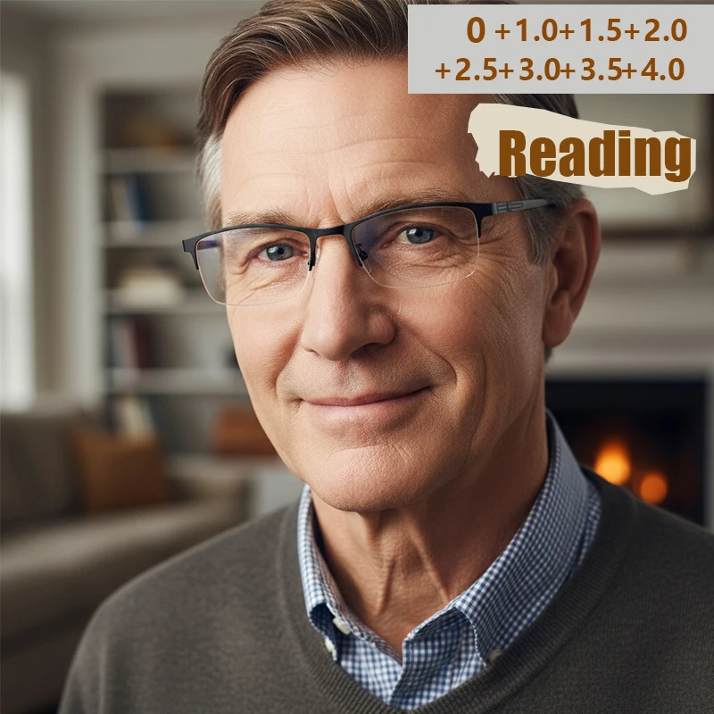 Herren Business Metall Presbyopie Brillengestell 2025, neuer halber Rahmen, Anti-Blaulicht, flache Lesebrille 8057