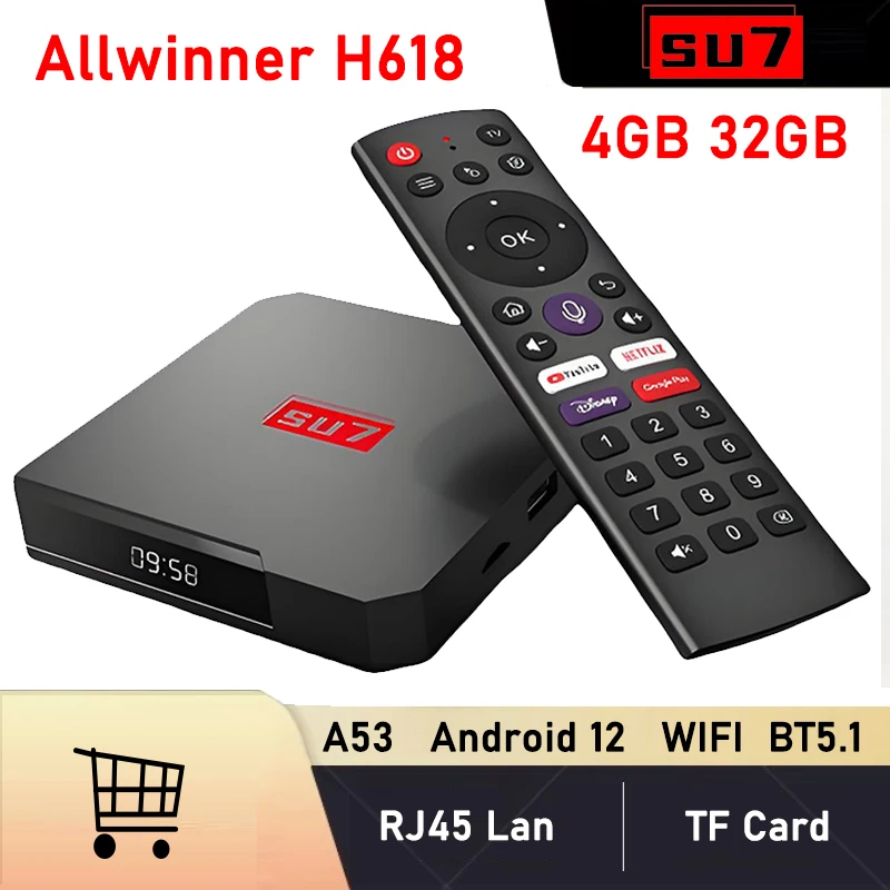 

SU7 Smart TV BOX Allwinner H618 Android12 TV Box ARM Cortex-A35 4GB 32GB AI Voice Remote WiFi BT5.1 Set Top Box 4K Media Player