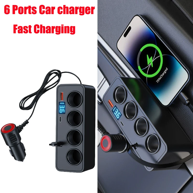 

120 Вт 4-разъемный автомобильный разветвитель прикуривателя 12 В-24 В адаптер питания для телефона QC3.0 + PD быстрая зарядка с цифровым дисплеем напряжения