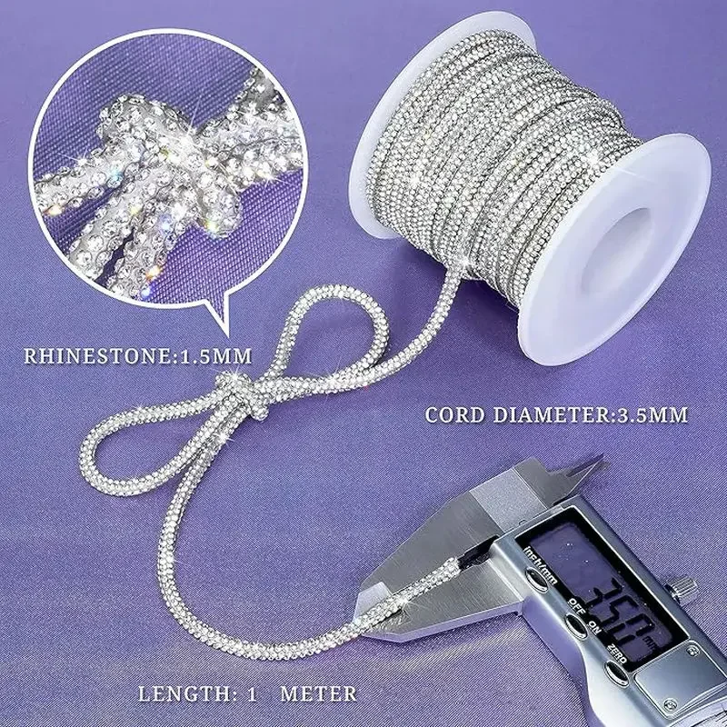1 Meter Rhinestone Rope 3.5mm Rainbow Rhinestones Glitter Tube Rope Shoe Laces Ribbon Glitter Cord for Crafts DIY Jewelry Making