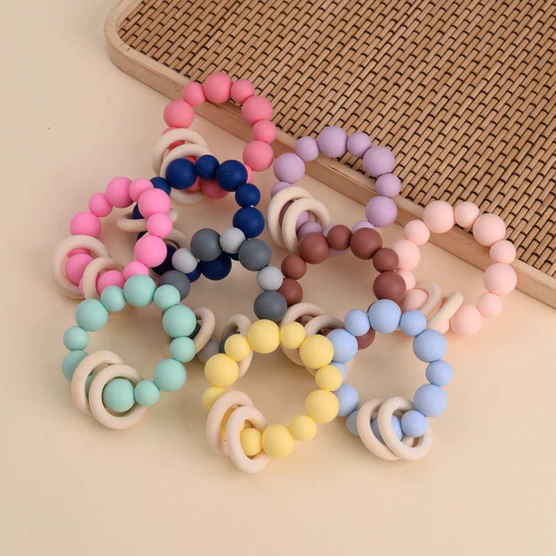 Baby Nursing Bracelets Teether Toys Silicone Beads Wooden Beech Ring Beads Teething Wood Rattles Fidget Toys Newborn Accessories