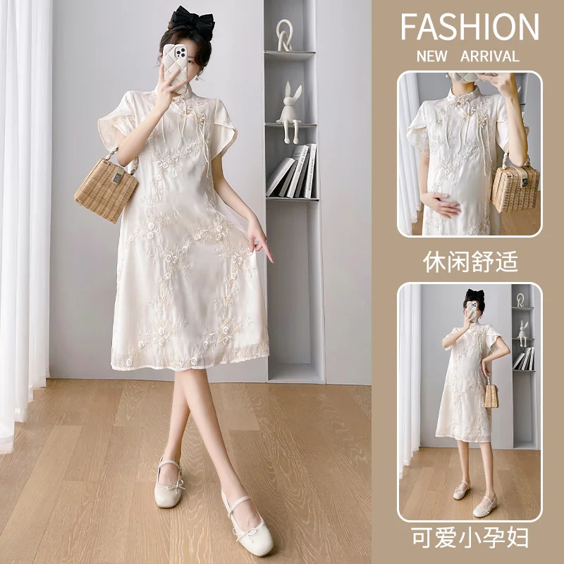 Vintage Chinese Style Pregnancy A-line Dress Petal Sleeve Mandarin Collar Maternity Lace Dress Pregnant Woman Sweet Cheongsam