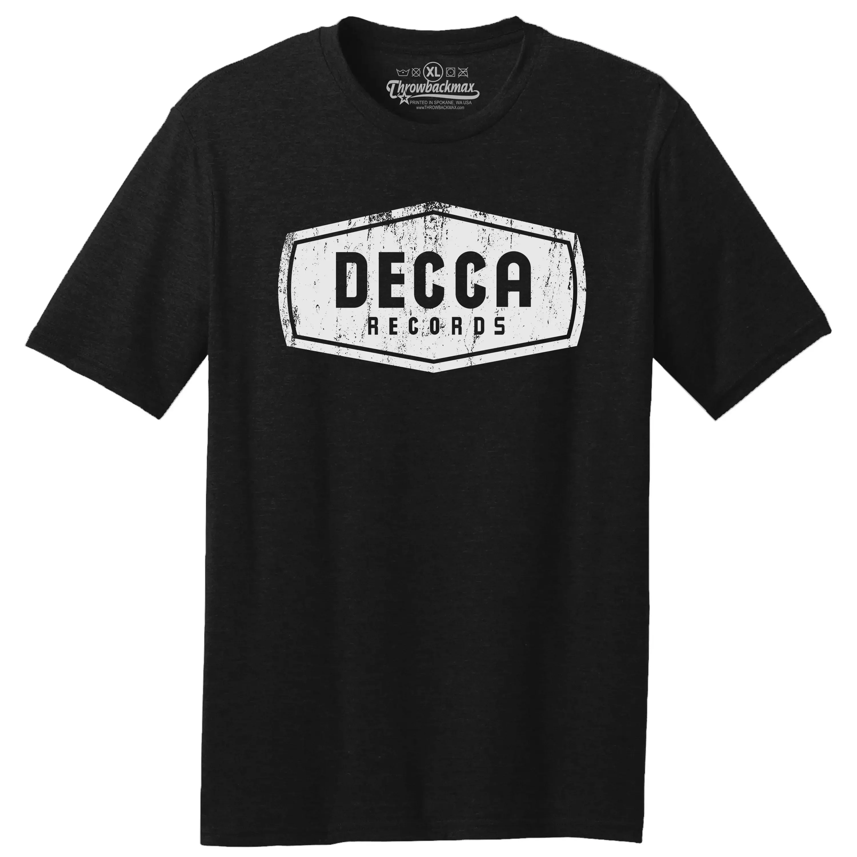 Throwbackmax Decca Record Label Logo Classic Cut Premium Tri Blend Camiseta negra Genesis The Animals Who Boyz Ii Men Moody