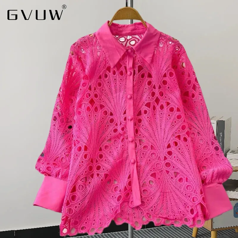 GVUW Fashion Hollow Shirt Women Lapel Full Sleeve Single Breasted Versatile New 2024 Elegant Lady Fashion Clothing 17G7430