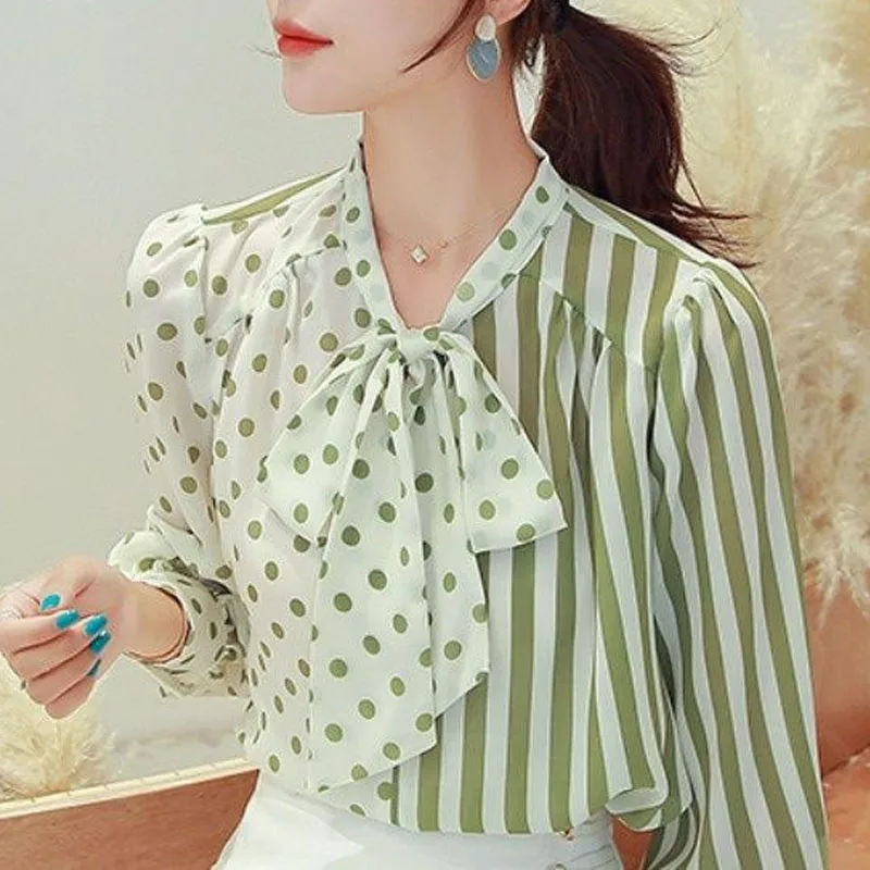 2023 New Fashion Trend Chiffon Color Matching Striped Bow Ribbon Versatile Charm Niche Design Sense Long Sleeved Women\'s Shirt