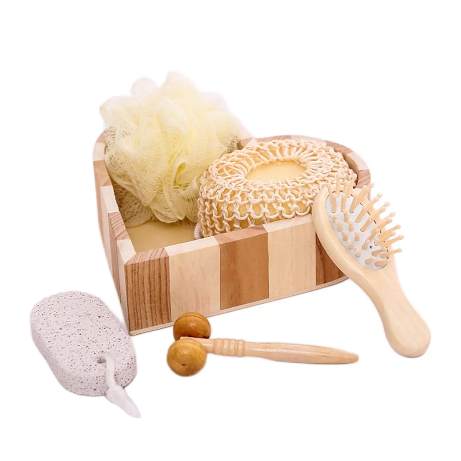 Luxurious Bath Spa Set with Pumice Stone and Hair Brush in Elegant Wooden Box