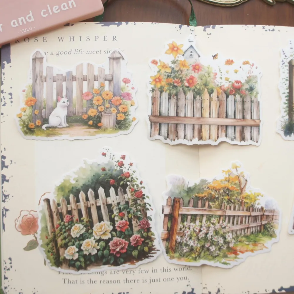 

28pcs Wooden Fence with White Red Purple Rose Style Paper Sticker Scrapbooking DIY Gift Packing Decoration Tag