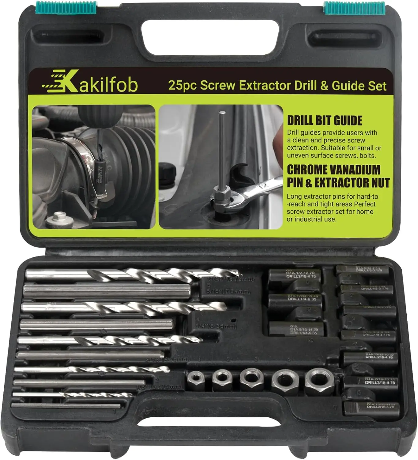 

25 PCS Bolt Extractor Set, Easy-Out Drill Bits for Stripped, Rusted Bolts & Screws
