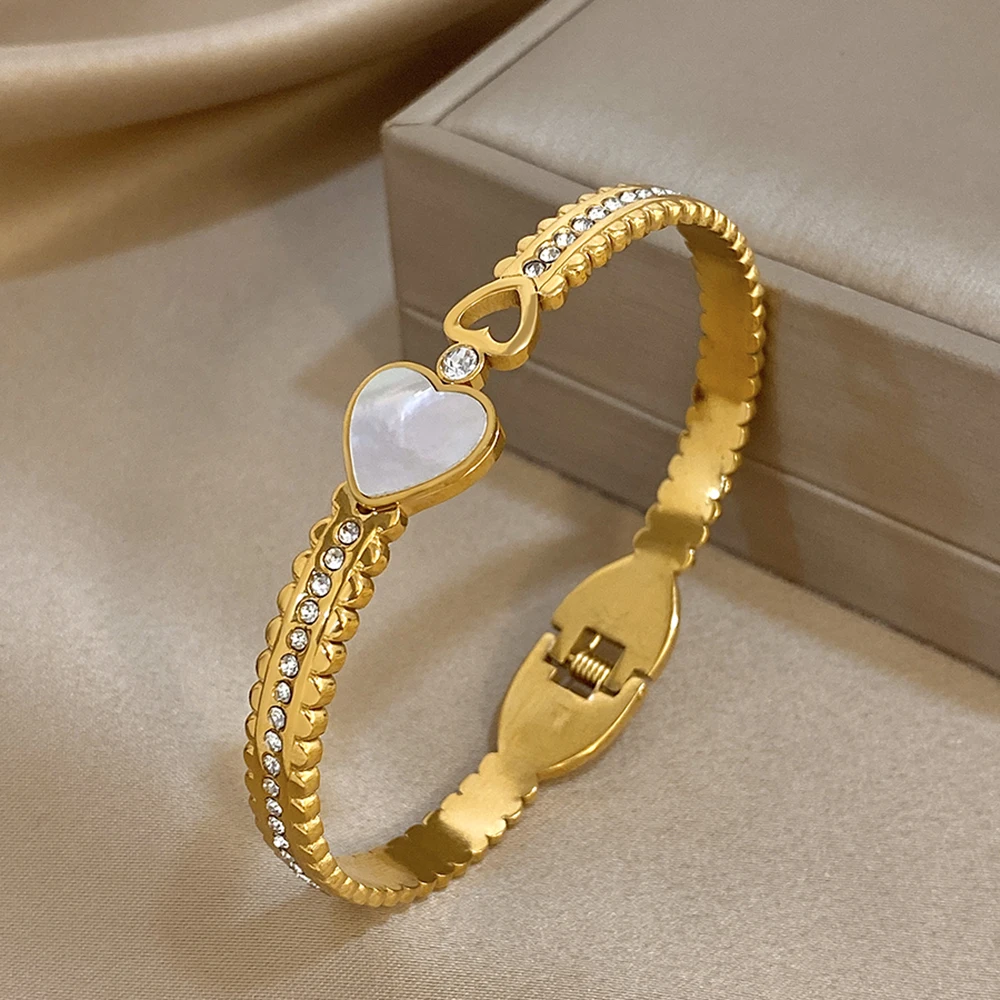 أنيقة الفولاذ المقاوم للصدأ مطعمة شل القلب الزركون الكفة سوار للنساء الرجال الزفاف الزفاف المفتوحة الإسورة مجوهرات عيد الحب