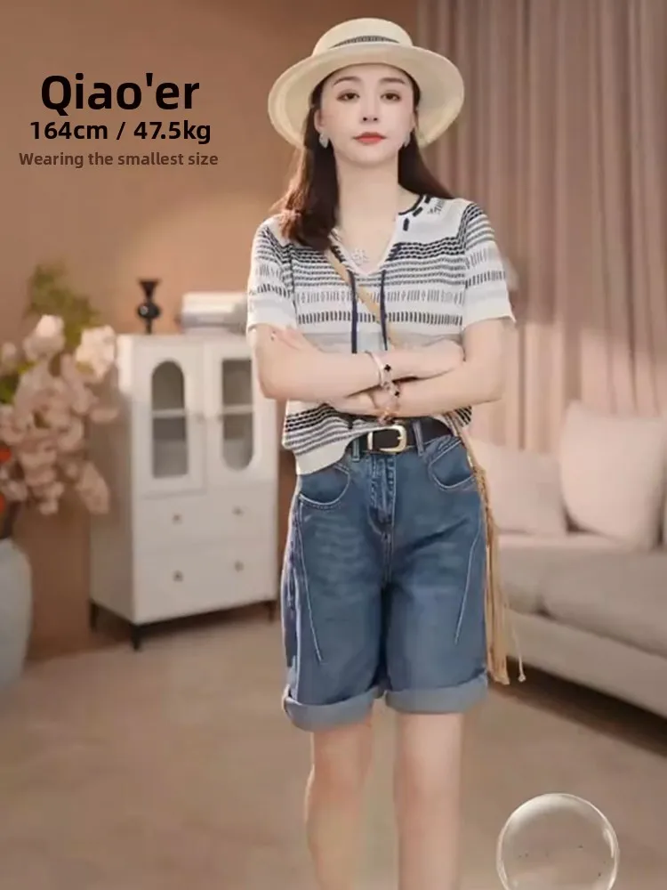 Korean Sle Ice Silk Knitted ort Sve Top Women's Faion Color Blo Striped Loose Fit Summer Trendy Versatile Top