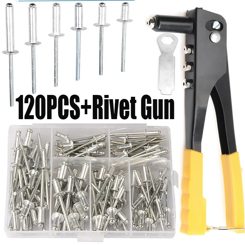 Set di rivetti in alluminio resistente Pistola per rivetti pop e kit di assortimento di rivetti ciechi da 120 pezzi Utensili manuali Set di dadi per dadi per rivetti