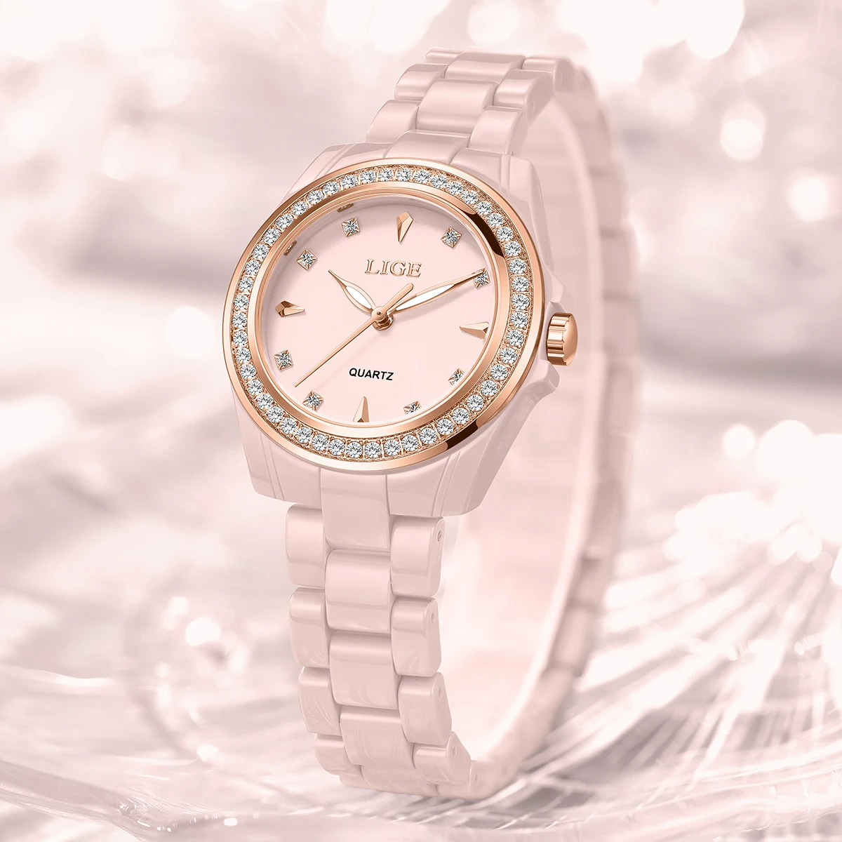 LIGE الفاخرة الوردي امرأة ساعة مقاوم للماء موضة كوارتز السيدات ساعة اليد الماس الهاتفي كامل السيراميك المرأة الساعات Relojs + صندوق #3