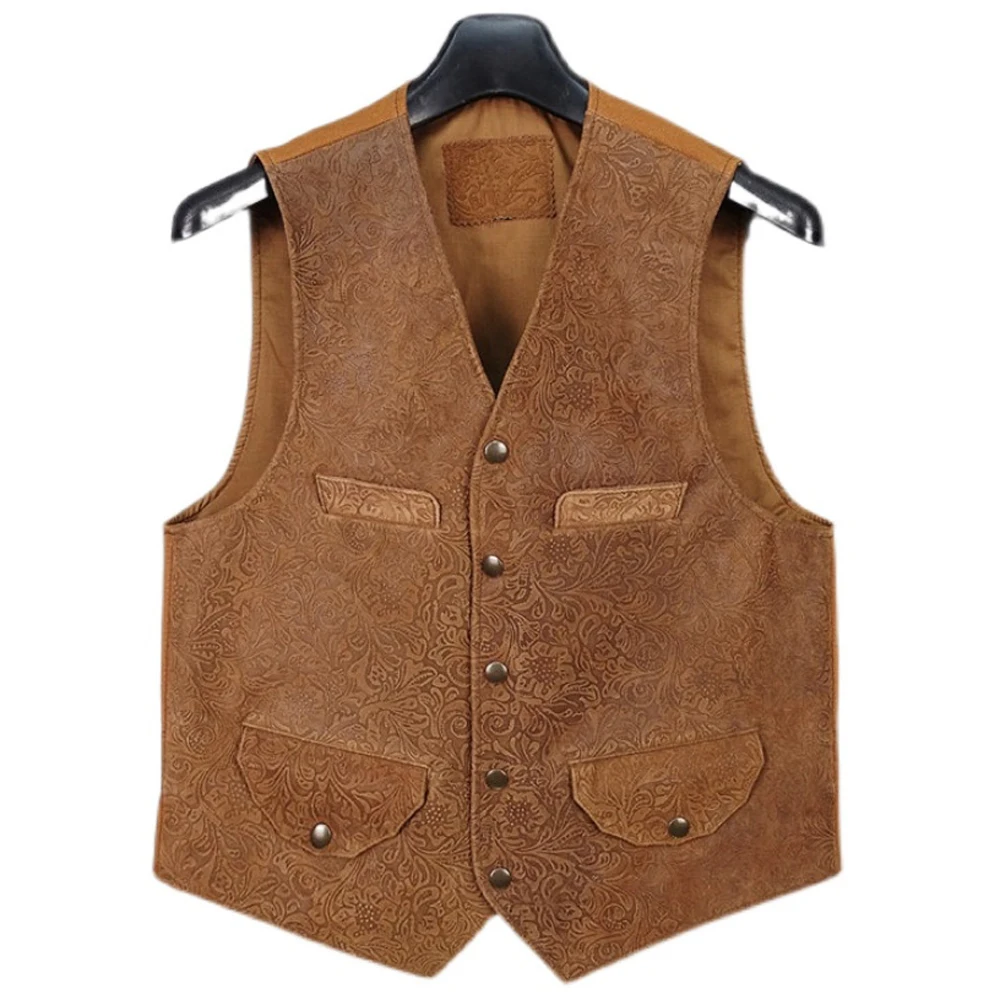 

Summer Style Mans Cow Leather Suit Vest Coat Flower Carved Genuine Leather Travel Waistcoat Man Wedding Tanks Weskit European