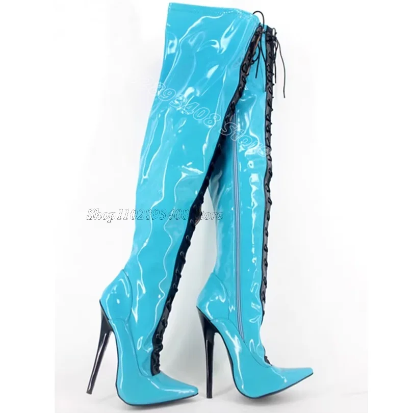 

Blue Side Zipper Patent Leather Boots Pointed Toe British Style Fashion Party Dress Women Over Knee Boots Zapatos Para Mujere