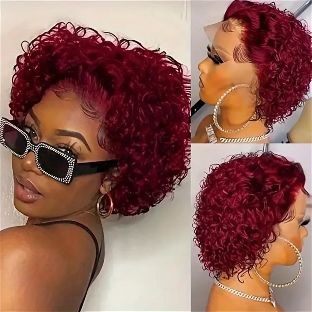 13X1 Pixie Cut Short Curly Human Hair Wigs Water Wave Wigs For Women Human Hair Wigs 1B/99J 1B/27 99J P4/27 Natural Color