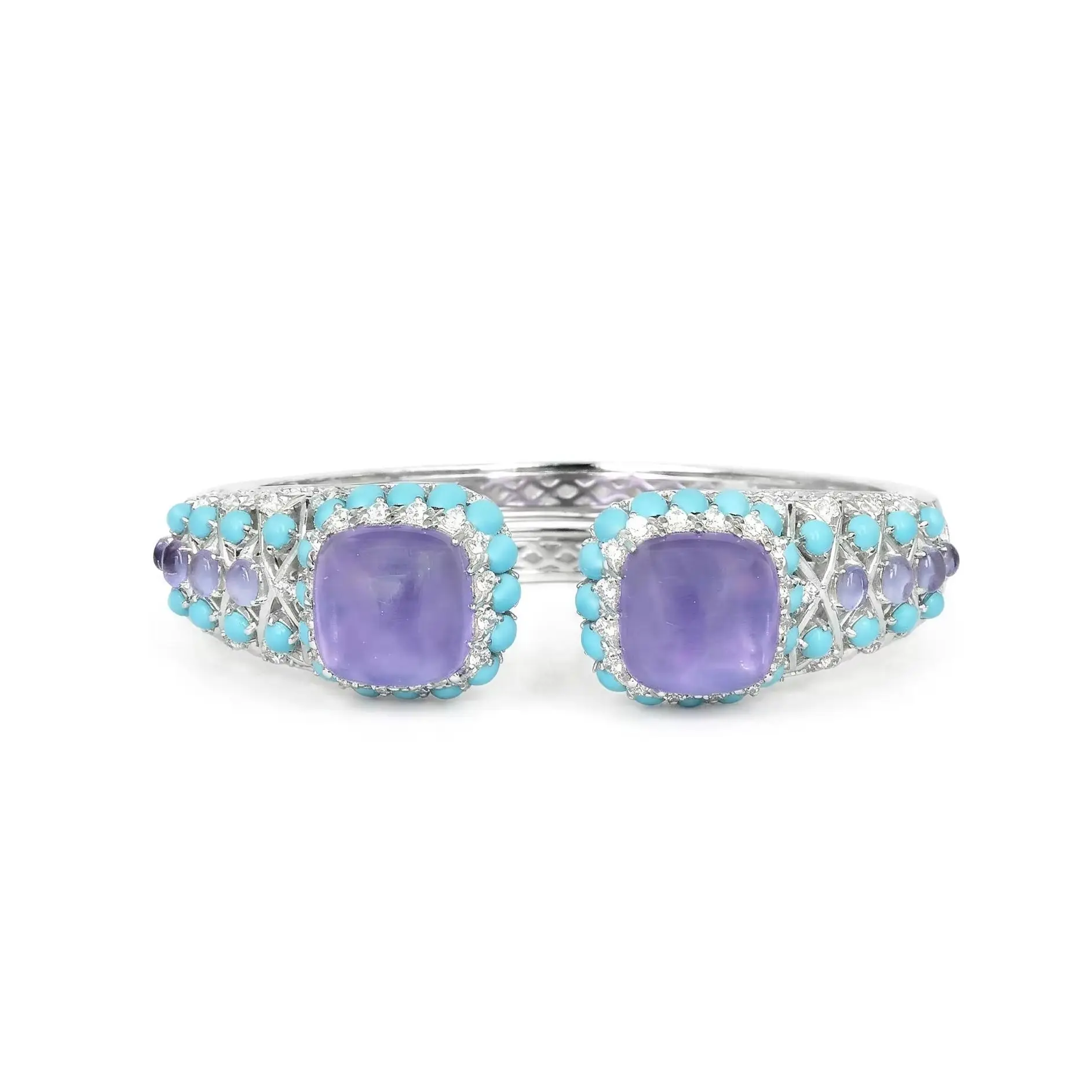 

Boho 925 Sterling Silver Open Cuff Bracelet Vintage Artificial Amethyst Turquoise Women's Bangle Fine Jewelry Banquet Party Gift