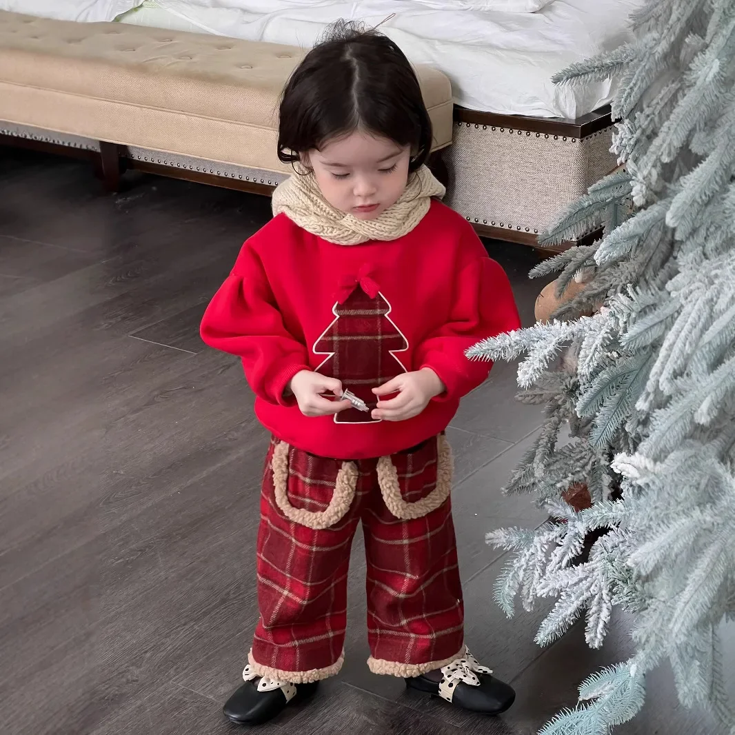 Girls Red Hoodies Autumn and Winter New Christmas Girls Celebrate New Year Hoodies Flannel and Woolen Plaid Pants